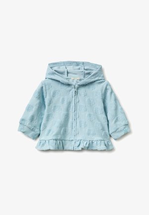 Felpa per bambini azzurro chiaro con motivi di nuvole in rilievo, cerniera frontale, maniche lunghe, cappuccio e orlo arricciato.