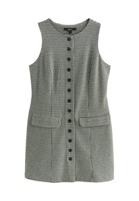Schwarzes und weißes Hahnentrittmuster ärmelloses Kleid mit Rundhalsausschnitt, vorderem Knopfverschluss und zwei seitlichen Taschen. Strukturierter Stoff.
