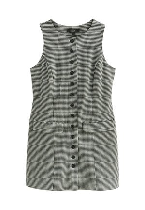 Schwarzes und weißes Hahnentrittmuster ärmelloses Kleid mit Rundhalsausschnitt, vorderem Knopfverschluss und zwei seitlichen Taschen. Strukturierter Stoff.