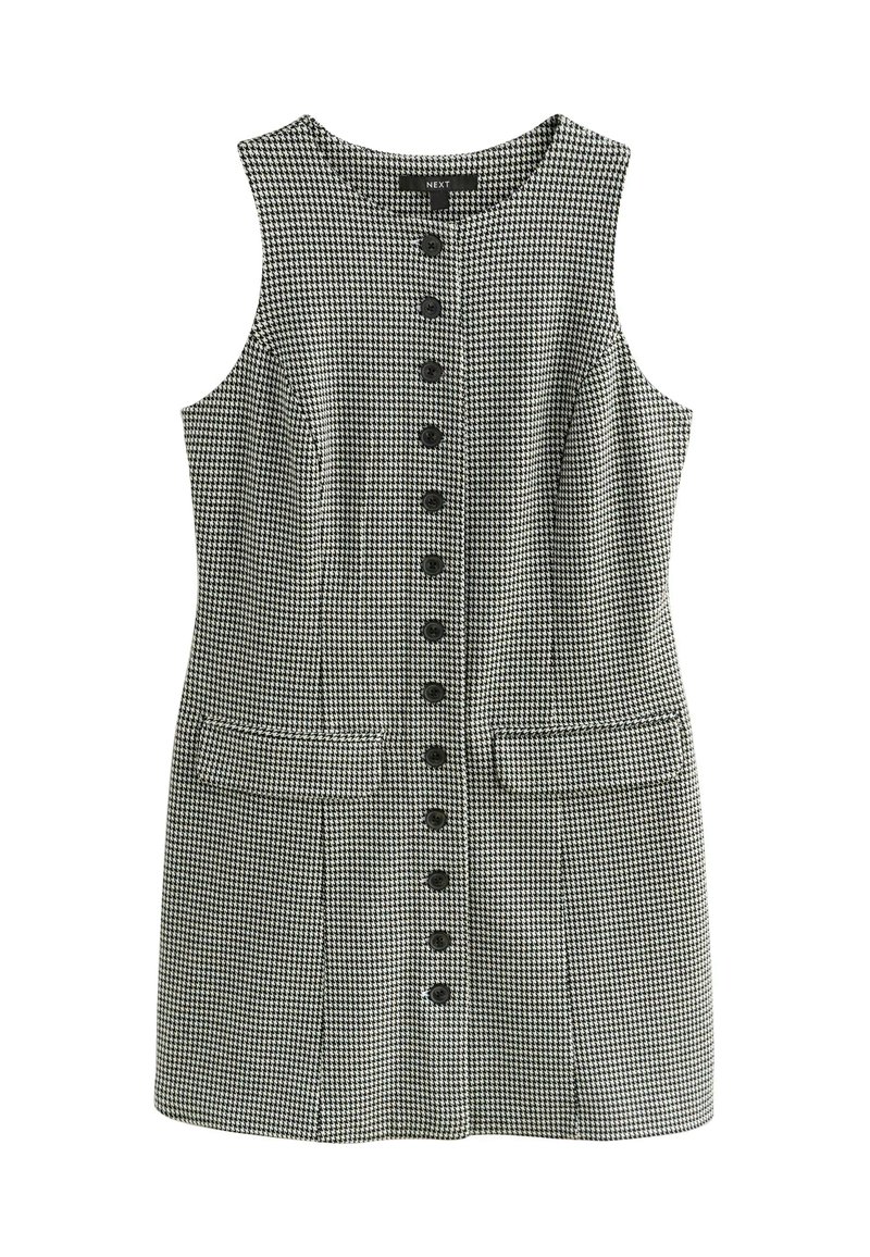 Schwarzes und weißes Hahnentrittmuster ärmelloses Kleid mit Rundhalsausschnitt, vorderem Knopfverschluss und zwei seitlichen Taschen. Strukturierter Stoff.