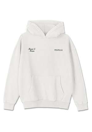 Sweat à capuche blanc avec poche avant, arborant le texte noir "Moments To Memories" sur le côté gauche de la poitrine et "PEGADOR" sur le côté droit de la poitrine.