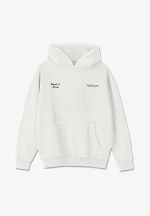 Weißes Kapuzen-Sweatshirt mit Fronttasche, mit schwarzem Text „Moments To Memories“ auf der linken Brust und „PEGADOR“ auf der rechten Brust.