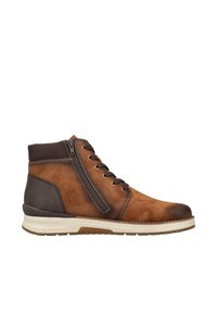 Stivali ankle in pelle marrone con parte superiore texturizzata, accenti più scuri in contrasto, chiusura con zip laterale e suola leggera in gomma.