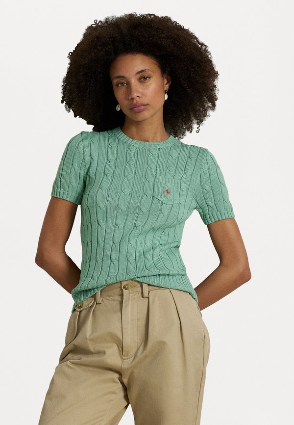 Cable Knit Cotton Short Sleeve Sweater - Basic T-shirt - celadon