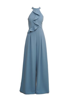 Light blue jumpsuit with halter neck, ruffled detailing along the front, wide-leg design, and textured fabric.