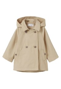 Beige trench coat med huva, dubbelknäppt knappstängning, två sidofickor och foder med prickar. Tillverkad av lättviktigt tyg.