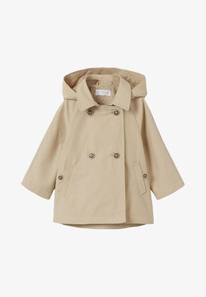 Beige Trenchcoat mit Kapuze, doppelreihiger Knopfschluss, zwei Seiten Taschen und einem gepunkteten Innenfutter. Hergestellt aus leichtem Stoff.