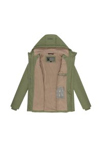 Olijfgroene jas met een pluche beige interieur, ritssluitingen aan de voorkant, verstelbare capuchon en labels op de binnenvoering met verzorgingsinstructies.