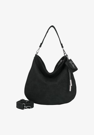 Czarna zamszowa torebka na ramię o luźnym kroju, wyposażona w zamek błyskawiczny, odpinany pasek oraz małą zawieszkę z logo.