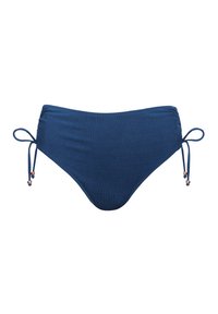 Granatowe bikini dolne z wiązaniami po bokach, ozdobione koralikami na końcach, wykonane z miękkiego, teksturowanego materiału z marszczeniem po bokach.