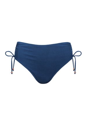 Granatowe bikini dolne z wiązaniami po bokach, ozdobione koralikami na końcach, wykonane z miękkiego, teksturowanego materiału z marszczeniem po bokach.