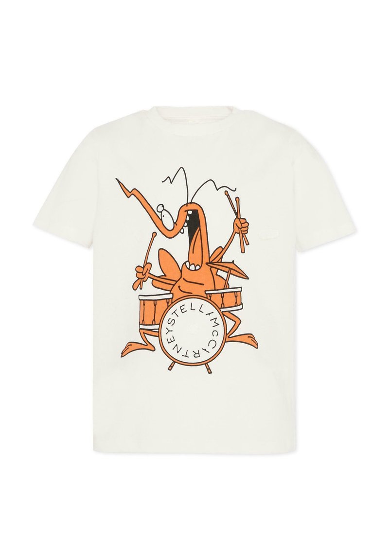 T-shirt bianca in cotone con un personaggio dei cartoni animati arancione che suona la batteria, con testo stilizzato sul tamburo. Maniche corte e collo tondo.