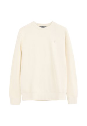 Langärmliges Sweatshirt mit Rundhalsausschnitt in Hellbeige mit gerippten Bündchen und Saum, minimalistischem Design und kleinem Ton-in-Ton-Logo auf der Brust.