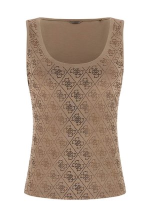 Top beige senza maniche con scollo a tondo, caratterizzato da un motivo a diamante composto da piccoli disegni floreali traforati su tutto il tessuto.