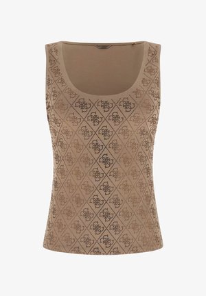 Beige mouwloos top met een ronde hals, voorzien van een diamantpatroon van kleine geperforeerde bloemmotieven over de stof.