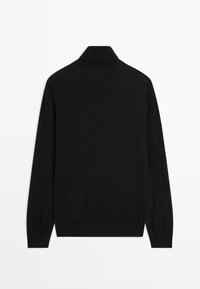 Black knitted sweater with a high collar, long sleeves, ribbed cuffs, and hem, featuring a smooth texture and minimalist design.
