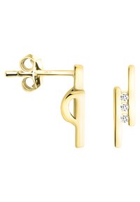 Orecchini d'oro con una forma unica, caratterizzati da un design curvato e tre piccole pietre scintillanti per dettagli. Texture liscia in tutto il gioiello.