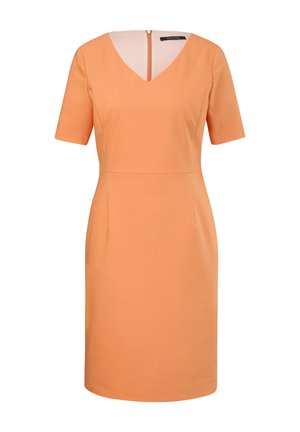 Kurzärmliges orangenes Kleid mit V-Ausschnitt und Rückenreißverschluss, das eine taillierte Taille und einen glatten, strukturierten Stoff aufweist.