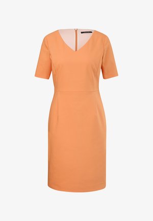 Kurzärmliges orangenes Kleid mit V-Ausschnitt und Rückenreißverschluss, das eine taillierte Taille und einen glatten, strukturierten Stoff aufweist.