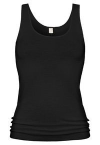 Black sleeveless tank top made of smooth fabric, featuring a fitted design with gathered details at the bottom. Round neckline.