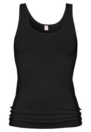 Black sleeveless tank top made of smooth fabric, featuring a fitted design with gathered details at the bottom. Round neckline.