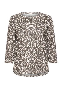 Barna és fehér mintázatú, hosszú ujjú blúz, kerek nyakkivágással és enyhén ívelt szegéllyel, bonyolult szimmetrikus absztrakt virágmintával díszítve.