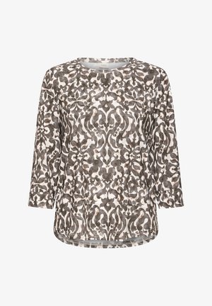 Brown and white patterned long-sleeve blouse with round neckline and slightly curved hem, featuring an intricate symmetrical abstract floral design.