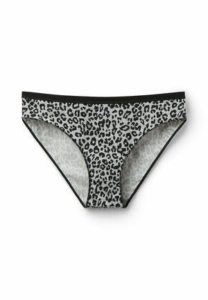 Bañador de bikini de estampado de leopardo en gris y negro, con una tela suave y una cinturilla negra en contraste con detalles de costura.