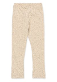 Light beige leggings made of soft, stretchy fabric with a speckled pattern in orange, purple, and blue. Elastic waistband, snug fit.