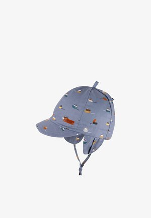 Blaue Kleinkindmütze mit Bootsmustern, Sonnenblende, Ohrenschützern und Kinnriemen, konzipiert für Sonnenschutz und sicheren Halt.