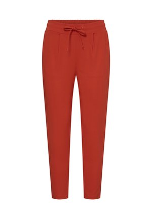 Rūsas sarkanas šauras bikses ar auklu jostasvietā un priekšējām krokām, potīšu garuma ar sānu kabatām.