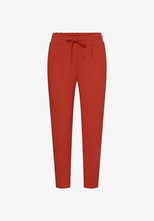 Rūsas sarkanas šauras bikses ar auklu jostasvietā un priekšējām krokām, potīšu garuma ar sānu kabatām.