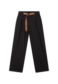 Zwarte wijde broek met een gebreide textuur, voorzien van plooien en een contrasterend bruin trekkoord in de tailleband.