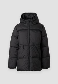 Black puffer jacket with a hood, zip closure, elastic drawstring waistband, and two front pockets. Textured, insulated fabric.