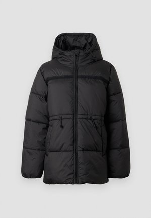 Schwarze Daunenjacke mit Kapuze, Reißverschluss, elastischem Kordelzugbund und zwei vorderen Taschen. Texturiertes, isoliertes Material.