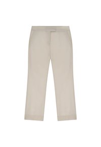 Pantaloni beige su misura con un design a gamba dritta, tasche laterali e un dettaglio a spacco sull'orlo. Texture liscia e stile minimalista.