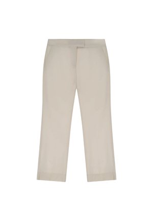 Pantaloni beige su misura con un design a gamba dritta, tasche laterali e un dettaglio a spacco sull'orlo. Texture liscia e stile minimalista.