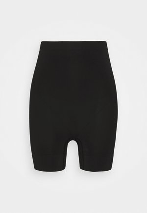 High-waisted black shapewear shorts made of smooth, stretchy material, featuring a mid-thigh cut and no visible seams for comfort.