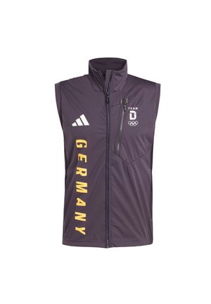 Sleeveless dark vest with front zipper, vertical "GERMANY" text, Adidas logo, and Team Germany Olympic emblem on the chest.