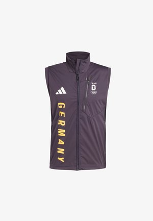 Sleeveless dark vest with front zipper, vertical "GERMANY" text, Adidas logo, and Team Germany Olympic emblem on the chest.