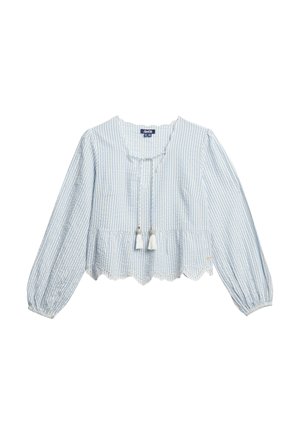 Blusa a rayas azul claro y blanca con mangas largas abullonadas, dobladillo con borde ondulado y detalles de borlas en el escote. Tejido de algodón.