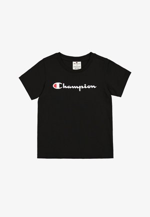 Camiseta de algodón negra con un logo blanco de "Champion" en el pecho, mangas cortas y un cuello redondo clásico.