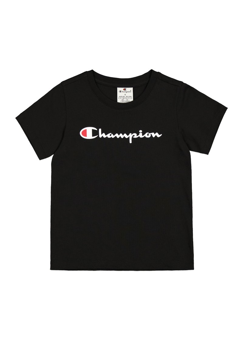 Czarny bawełniany t-shirt z białym logo "Champion" na piersi, krótkie rękawy i klasyczny okrągły dekolt.