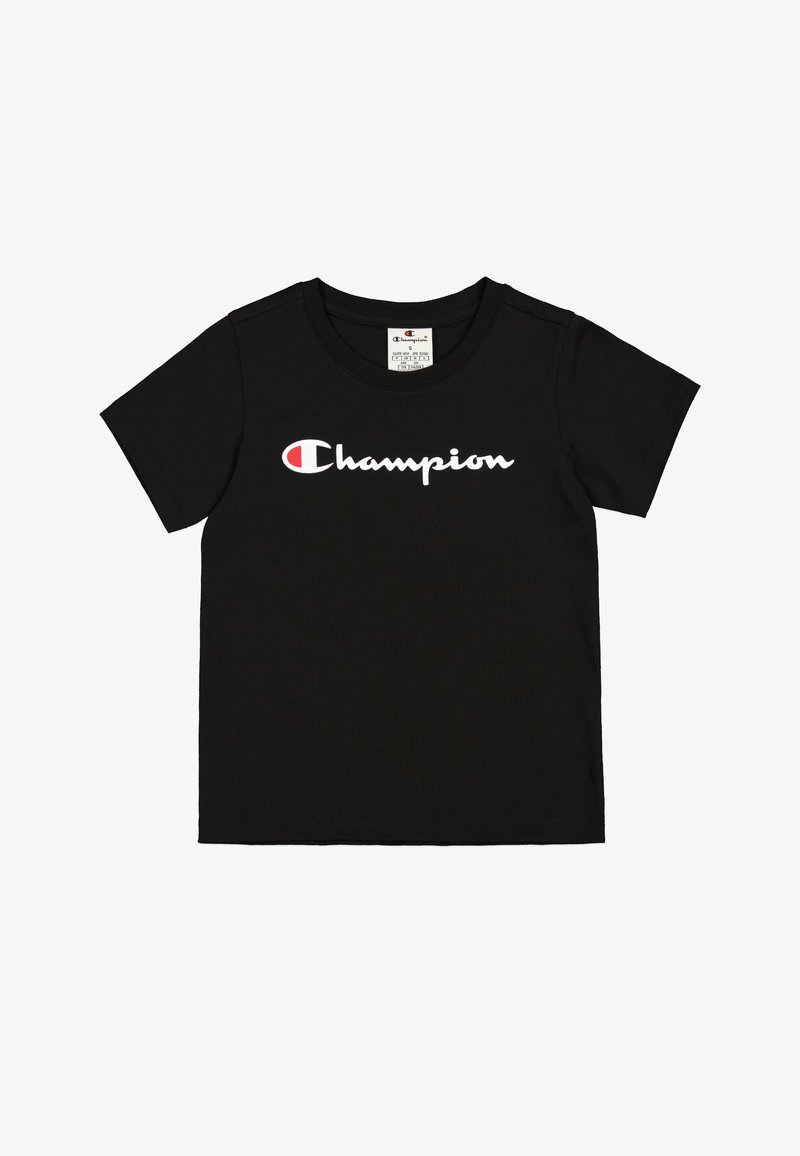 Camiseta de algodón negra con un logo blanco de "Champion" en el pecho, mangas cortas y un cuello redondo clásico.