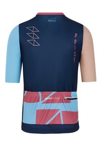 Marineblauw fietsshirt met korte mouwen, lichtblauwe accenten en een patroon in het onderste gedeelte. Voorzien van een ritszak en merkdetails.