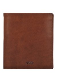 Portafoglio in pelle marrone con una superficie liscia, design bi-fold e dettaglio logo impresso. Presenta cuciture ordinate lungo i bordi.
