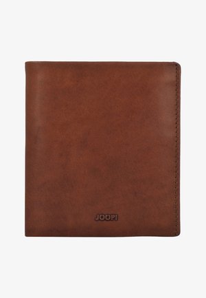 Brown leather wallet with a smooth texture, bi-fold design, and embossed logo detail. Features neat stitching along the edges.