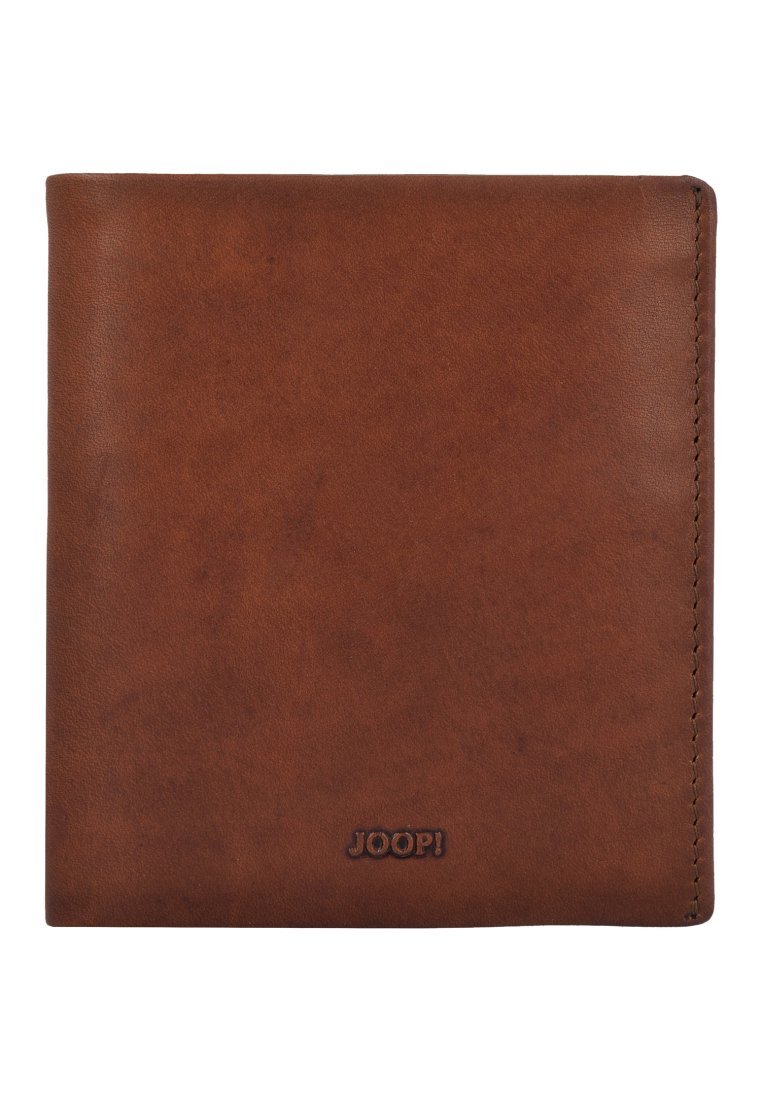 Portafoglio in pelle marrone con una superficie liscia, design bi-fold e dettaglio logo impresso. Presenta cuciture ordinate lungo i bordi.