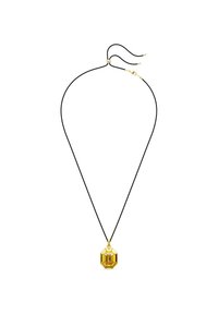 Sort snor halskæde med en oktagonal gul vedhæng med facetteret design og en guldtonet metalaccent øverst.