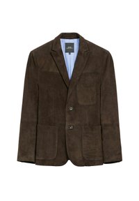 Brązowa skórzana marynarka męska z klapami, dwoma dolnymi kieszeniami z przodu, jedną kieszenią na piersi i dwoma guzikami. Widoczna jasnoniebieska podszewka.